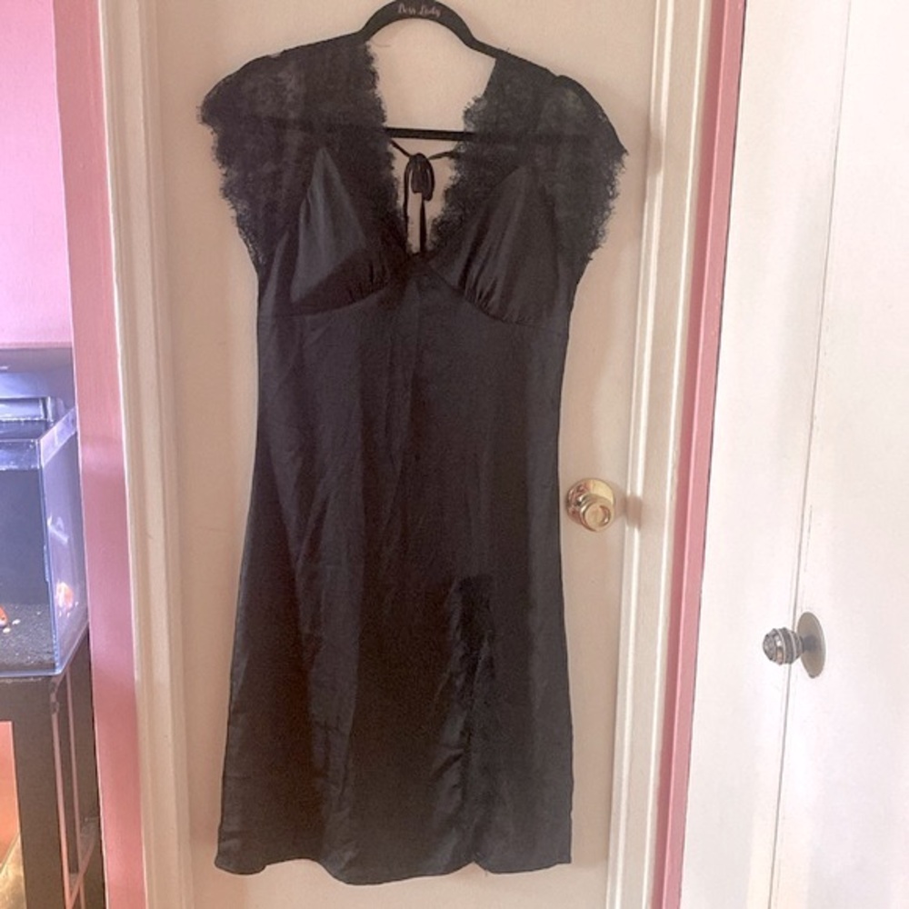 Black Satin Nightgown Dress with Lace Trim and Slit